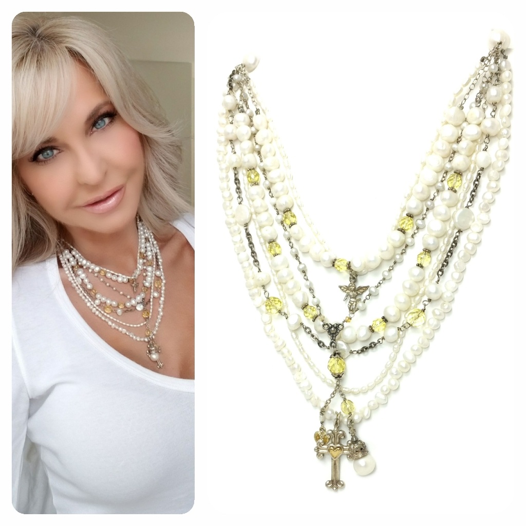 Kinley Multi Strand Pearl Cross Necklace